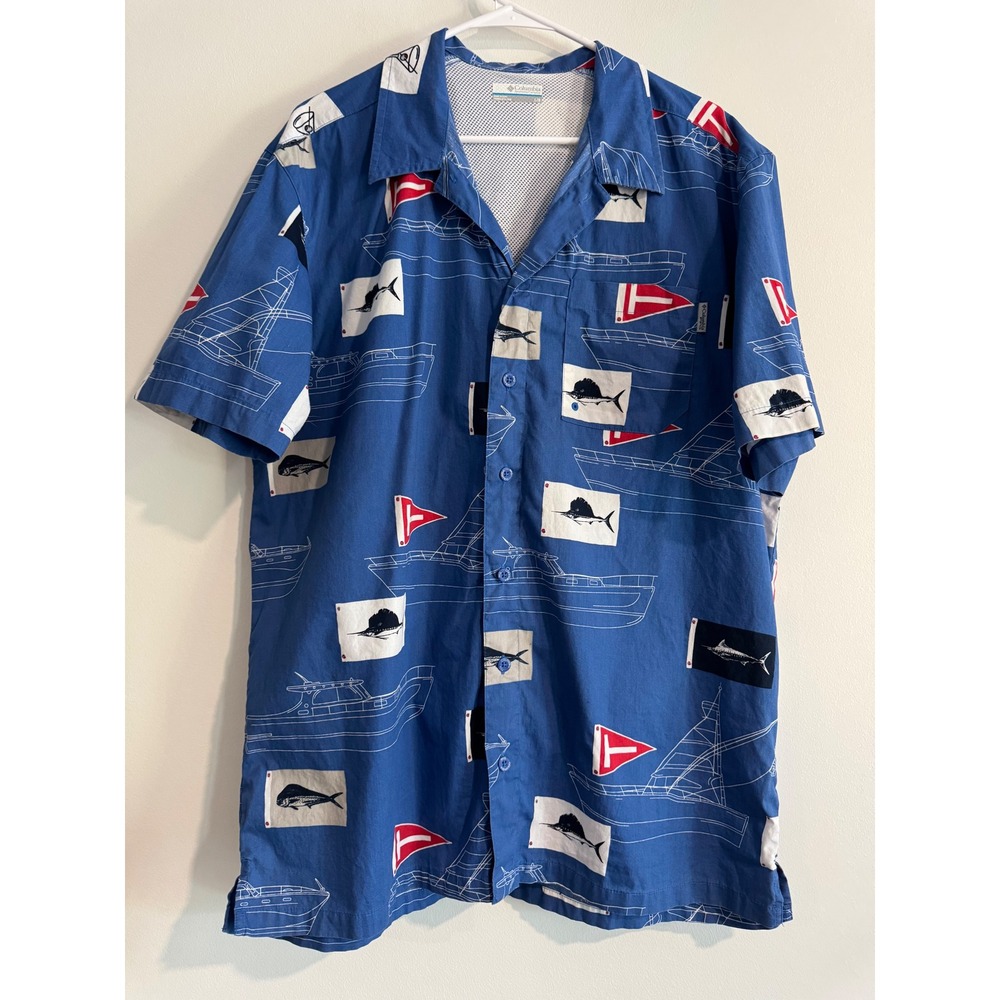 Columbia PFG Boat Print Shirt Mens Large Blue Mesh Vented Back fishing‎ vacation